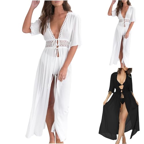 Swimsuit Coverup For Women Fashion Tie Front Sheer Beach Dress Long Flowy Bathing Suit Cover Up Vacation Outfits White L