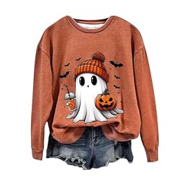 Halloween Ghosts Print Sweatshirts for Women 2024 Casual Crew Graphic Neck Long Sleeve Blouses Cute Oversized Shirt