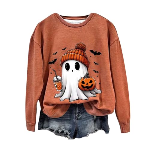 Halloween Ghosts Print Sweatshirts for Women 2024 Casual Crew Graphic Neck Long Sleeve Blouses Cute Oversized Shirt