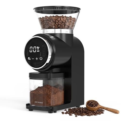AYCHIRO Electric Conical Burr Coffee Grinder, Touchscreen Coffee Grinder for Home Use, Compact Burr Mill Grinder with 30 Grind Settings, Detachable Hopper & Coffee Container, Black