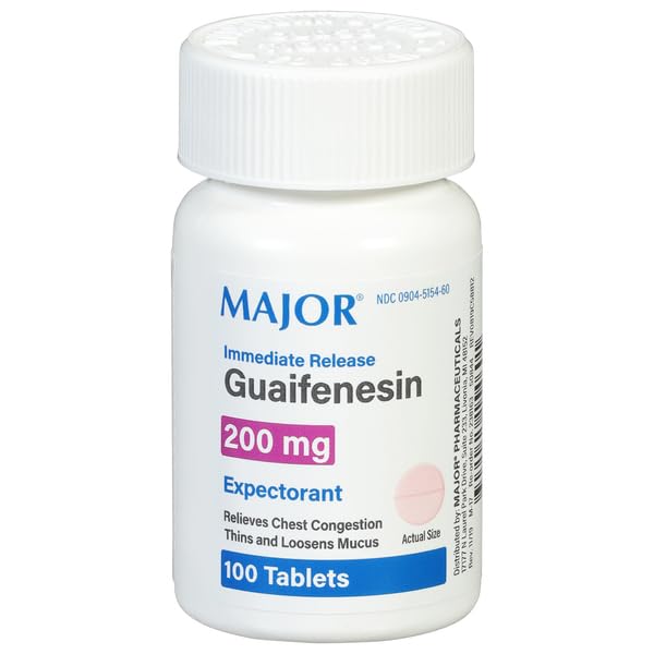 MAJOR Immediate Release Guaifenesin - Relieves Chest Congestion, Thins and Loosens Mucus - 200 mg - 100 Tablets (1 Pack)