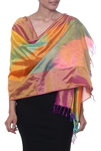 NOVICA Artisan Handwoven Ikat Silk Scarf Tiedyed in India Accessories Scarves Multicolor Wrap Dyejaquard ' Ikat Sweetness'
