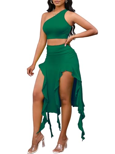 Image of BARASA Women Summer 2 Piece Skirt Sets Comfy Ruffle Trim Irregular Split Sexy Y2k Club Party Tops Jellyfish Skirt Suits S69