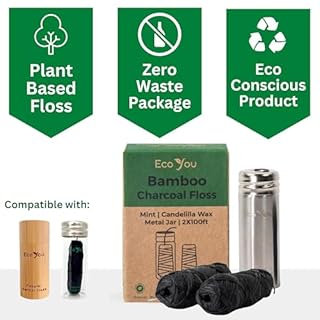 EcoYou Eco Floss | 2 Charcoal Dental Floss Refills + Dental Floss Holder | Mint & Candelilla Wax | Bamboo Floss