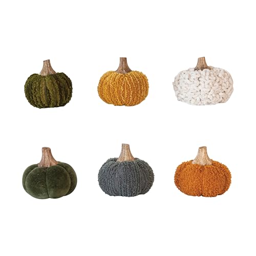 Creative Co-Op Small Bouclé Velvet Pumpkin Holiday Decor with Wood