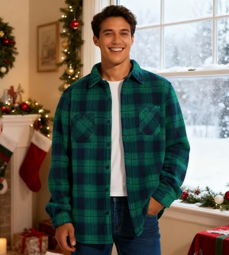 Image of HODOSPORTS Mens Flannel Shirts Jacket Fleece Sherpa Lined Heavyweight Button Down Plaid Shirts Coat Long Sleeve with Pockets