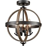 TEENYO Farmhouse Ceiling Light Fixture Rustic Semi Flush Mount 4-Light Wood Grain and Black Finish G
