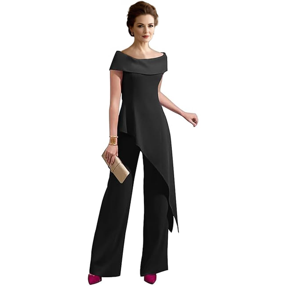 2 Piece Mother of The Bride Pant Suits for Wedding Off The Shoulder Chiffon Wedding Guest Outfit