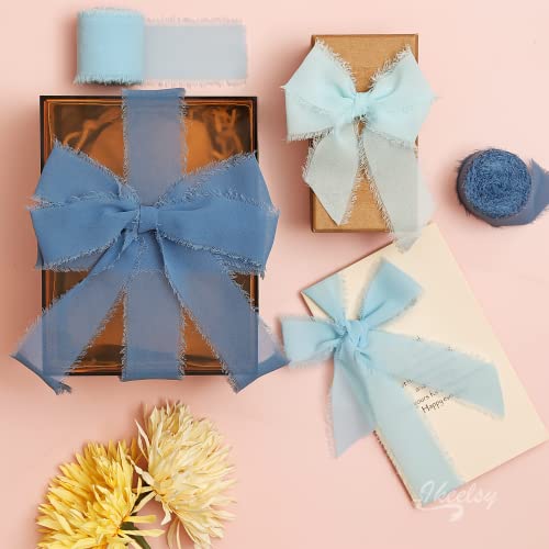 Chiffon Ribbon Fringe Fabric Ribbons 3 Rolls 1.5" Wide X 7 Yd Dusty Bule Ribbons Set For Wedding Decor, Gift Wrapping, Bridal Bouquets, Handmade Crafts #TOP4