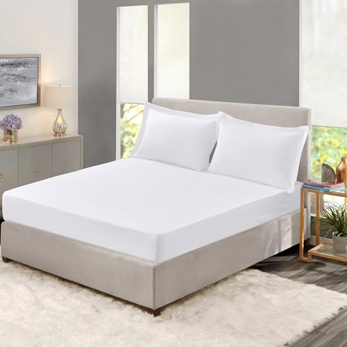 TW Premier King Size Fitted Sheet 180X200+30CM & 2 Oxford Pillow Cases 50x75+5cm | 3Pcs Set | Fade/Stain Resistant | Hotel Quality Soft Brushed Microfiber Fabric | 30cm Deep Pocket (White)