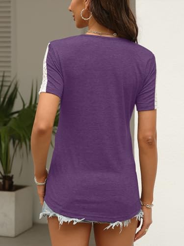 EACHYES Camisetas femininas de manga curta casual de verão gola V ajuste solto roxo escuro médio