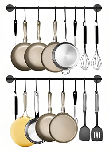 Black Steel-made Kitchen Utensil Rack Organizer Wall-mounted Pot Pan Wall Hanger Holder For Hanging Rail with 14 S Hooks