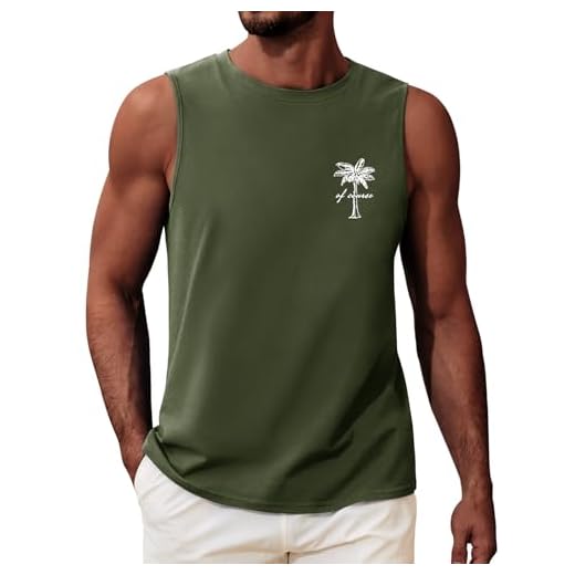 heekpek Debardeur Homme T-Shirt sans Manche Coton Tee Shirt Été Débardeurs Sport Imprimé Hawaïenne Fitness Running Tops, ofcourse Vert Militaire, L