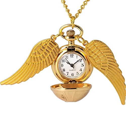 FokCalgary Retro Taschenuhr Mit Kette Herren,Goldener Schnatz Taschenuhr Mit Flügel,Goldene Schnatz Ball Anhänger Taschenuhren Für Herren,Taschenuhr Geschenke for Kinder Quarz-Halskette Uhr Schöne Cover