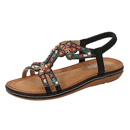 Sandales confortables pour femme chaussures plage bohème strass noir 38.5