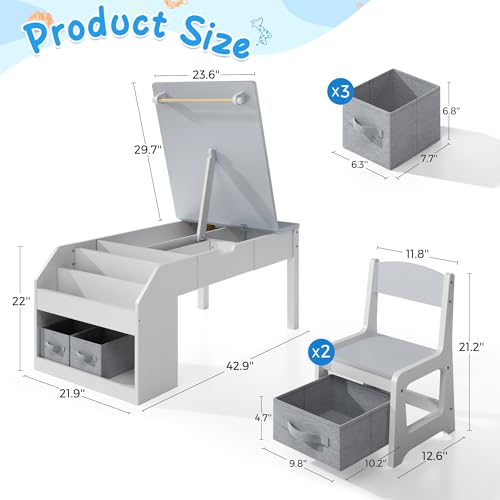 Image of 5-in-1 Kids Art Table and Chairs, Toddler Table and Chair Set, Craft Play Desk for Kids, Convertible Art Easel with Paper Roll Holder & Storage Drawers, Children Activity Learning Center-Gray