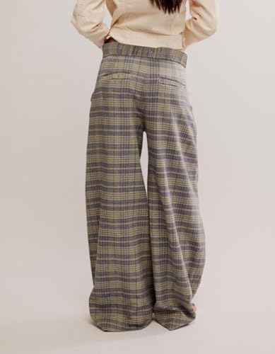Kedera Women Vintage Tartan Plaid Print Wide Leg Pants High Waisted Baggy Trousers Casual Business Work Slacks3