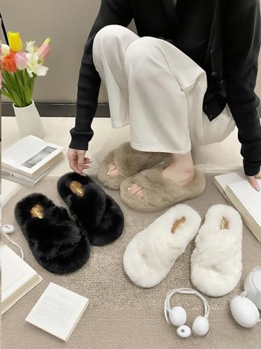 Plush Cross-Band Slippers, Fluffy Indoor House Shoes, Non-Slip Sole,3