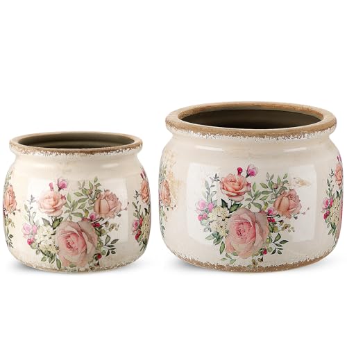Ninehaoou 2 Pcs 7.7" & 5.9" Large Ceramic Plant Pot Beige Pink Rustic Rose Crackle Glaze Rustic Flowers Pot Decorative Planter with Drainage for Indoor Outdoor Plants Home Kitchen Office Decor Gift