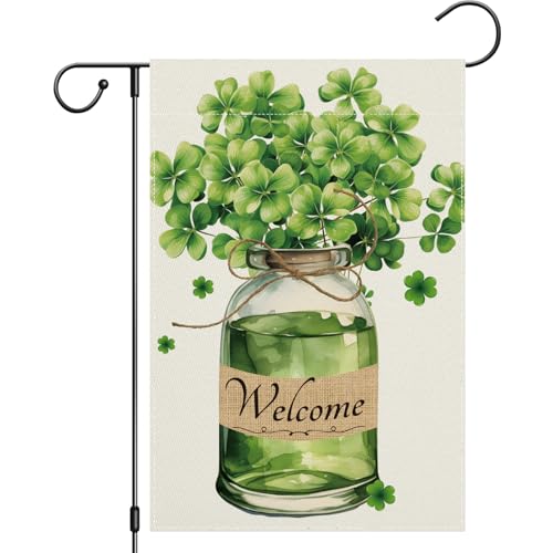 Girlly St Patricks Day Garden Flag Double Sided 12x18 Inch Shamrocks Mason Jar Sign Welcome Yard Flag Banner House Farmhouse Outdoor Decor Burlap