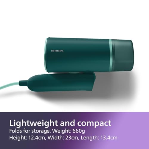 Philips 3000 Series Handheld Steamer - 1000W, 20 g/min Steam, Detachable 120ml Water Tank, Metal Soleplate, Heated Plate, Storage Pouch Included, 660 g Light Weight, Dark Green (STH3020/70)