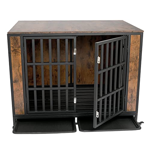 Heavy Duty Dog Crate, Furniture Style Dog Crate For Large Dogs 42 Inch, Dog Kennel Furniture, Dog Cage Large Dogs Indoor With Lockable Wheels And Removable Trays By Zelecube, Rustic Brown #TOP1