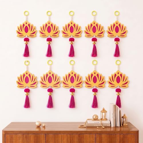 Image of JH Gallery Pink Tassel Lotus for Ganpati Decoration Items for Home - Handmade Ganesh Chaturthi Backdrop Decoration, Mandir & Balcony Hanging (8 Inch, Pack of 10)