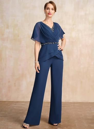 2 Pieces Mother of The Bride Pant V Neck Formal Dresses Puffy Sleeve Outfit Set Chiffon Wedding Guest Dresses4