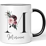 JUNIWORDS Tasse, Miriem, Name Anfangsbuchstabe Initial Alphabet Floral Buchstabe M Monogramm Motiv, Schwarz (5589804)