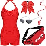 5Pcs Halloowen Cosplay Costume Set for Women Red Headband Sunglasses Red Swimsuit for Dress Up Accessories Supplies (L)