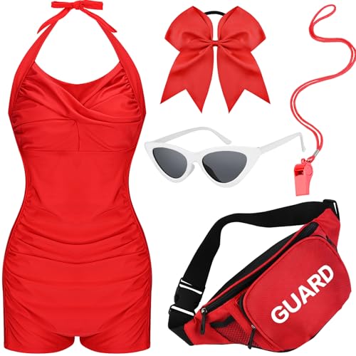 5Pcs Halloowen Cosplay Costume Set for Women Red Headband Sunglasses Red Swimsuit for Dress Up Accessories Supplies (L)