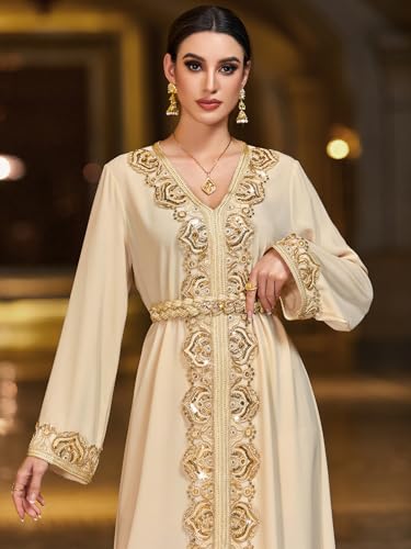 Lace Trim V-Neck Kaftan Dress, Long Sleeve Maxi Dress with Belt, Gold Embroidery Women's Evening Gown3