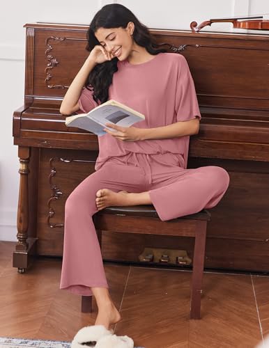 Image of Ekouaer Lounge Sets for Women Short Sleeve Tops and Long Pants Soft Comfy Pajamas Set 2 Piece Outfits