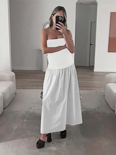 YOXUA Women's Summer Strapless Sleeveless Patchwork A-Line Tube Long Maxi Dress Off Shoulder Beach Maxi Dress4