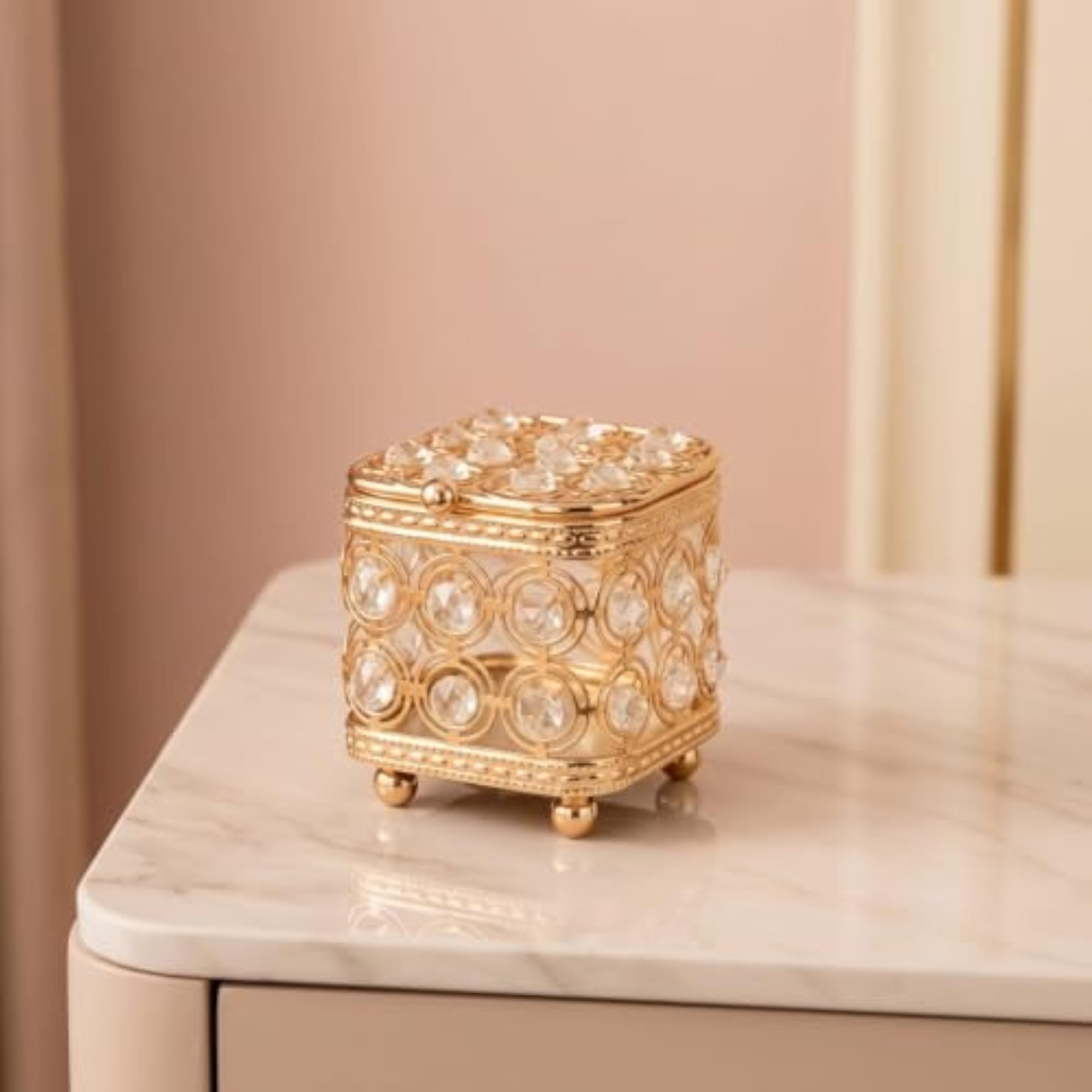 Gold-Tone Decorative Jewelry Box with Crystal Embellishments