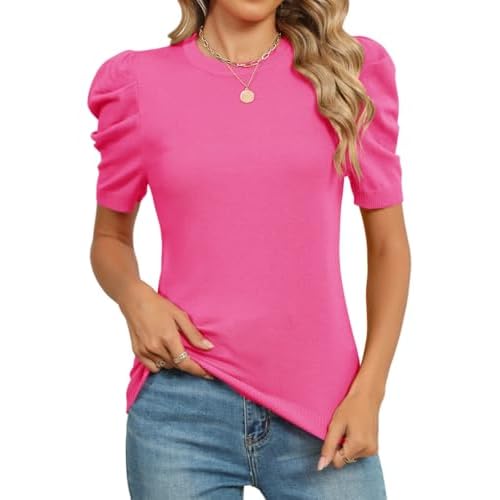 AKEWEI Puff Short Sleeve Sweater for Women Tops Trendy Spring Summer 2025 Business Casual Outfits Knit Crewneck Shirt Blouses
