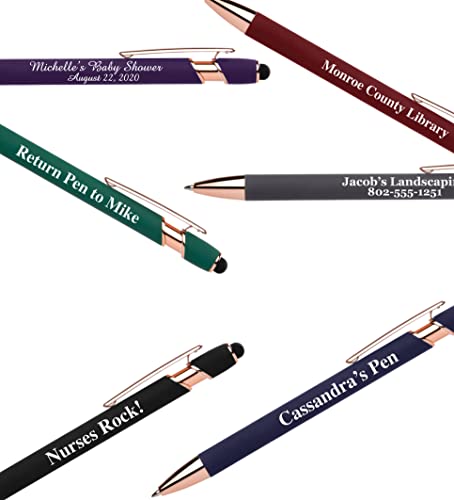ExpressDesigns™ - Rose Gold Premium Custom Pens with Stylus | Rose Accent | Personalized Soft Touch Metal Printed Name Pens w/Black Ink - Imprinted w/Message - 12 pcs/pack (Blue)