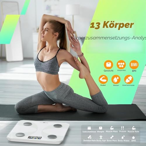 RunSTAR Körperfettwaage, Personenwaage Digitale mit großem Display, Analysator für 13 essentielle Körperwerte, mit App-Synchronisierung - Weiß