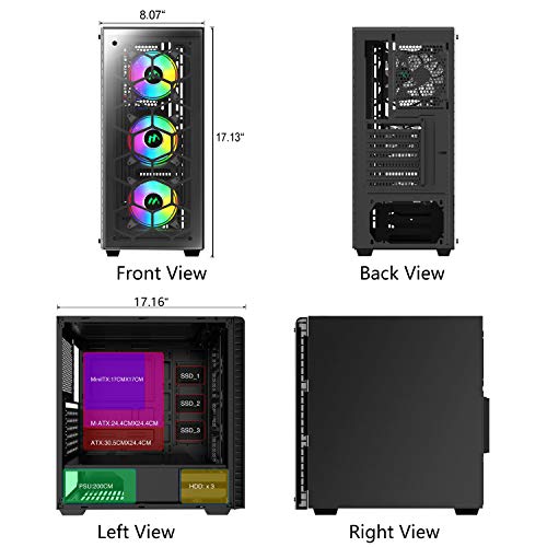 Mid Tower Case, ATX Case RGB LED Fans/Gaming Case PC Side Window Panel & 4 Dual