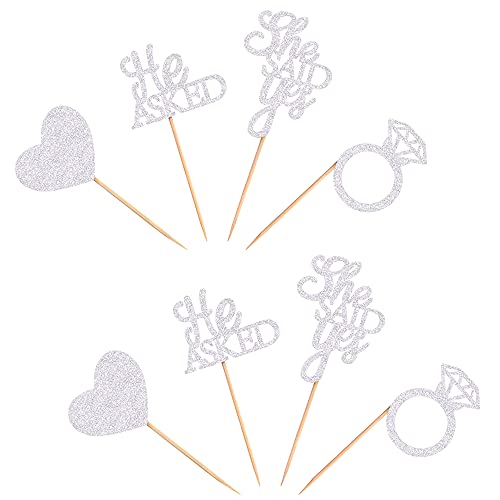 Ercadio 48 Pack He Asked She Said Yes Cupcake Toppers Glitter Heart Ring Cupcake Picks Decorations For Wedding Engagement Bridal Shower Party Supplies Silver #TOP2