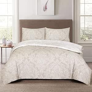 Complete Bedding Set Cotton Rich Printed Patchwork Floral Duvet Cover, Fitted Sheet & Pillowcases for Stylish Bedroom Décor and Easy Care (DAMASK BEIGE, Super King)