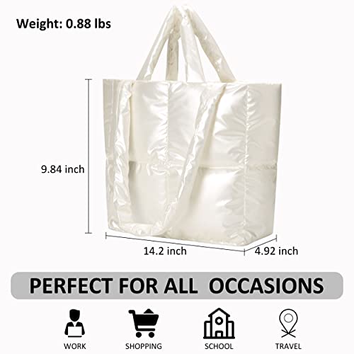 Plusfeel White Puffer Bag Quilted Shoulder Handbag Versatile Soft Padded Tote Bag For Shopping And Everyday Use, White #TOP4