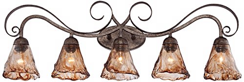 Image of Franklin Iron Works Amber Scroll Rustic Vintage Wall Mount Light Golden Bronze Silver Metal 37 1 /4 inch Wide 5-Light Vanity Fixture Organic Art Glass Shades Decor for Bathroom Over Mirror House Home