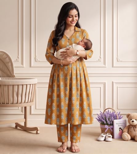 Image of DUMMY SHAPE Maternity Dresses for Women Cotton | Floral Kurta Pant Dupatta Set with Nursing Zippers, Side Pocket | Pre & Post Pregnancy | Feeding Kurti Suit | Baby Shower | Gifts for Pregnant Woman