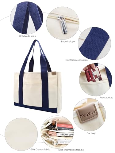 Image of TeeYee 16oz Canvas Tote Bag Casual Multi pockets Handbags Large Capacity Shopping Shoulder Bag with Pocket Bags Work Purses