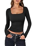 ANRABESS Women Double Lined Long Sleeve Crop Tops Shirts Square Neck Tight Fitted Going Out T-Shirt Basic Tee Outfits 2026 Black X-Small