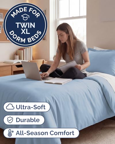 Image of Duvet Cover Twin /Twin XL Size Set - Extra Soft Twin /Twin XL Duvet Cover 68 inch x 90 inch with 1 Pillow Sham for Women, Men, Kids & Teens - Comfy, Easy-Care & Fade Free w / Zipper Closures & Ties (Sky Blue)
