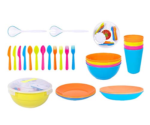 YöL 33pc Picnic Set 4 Person Portable Reusable Plastic Storage Box Summer Party Barbecue Outdoor Dining Plates Bowls Cups Cutlery