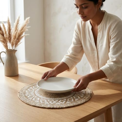 Image of Round Braided Dining Table Mat | Brown Mandala Woven Placemats | Heat Resistant Washable Cotton Blend Table Place Mats for Kitchen & Boho Decor | 15 Inch | Set of 4