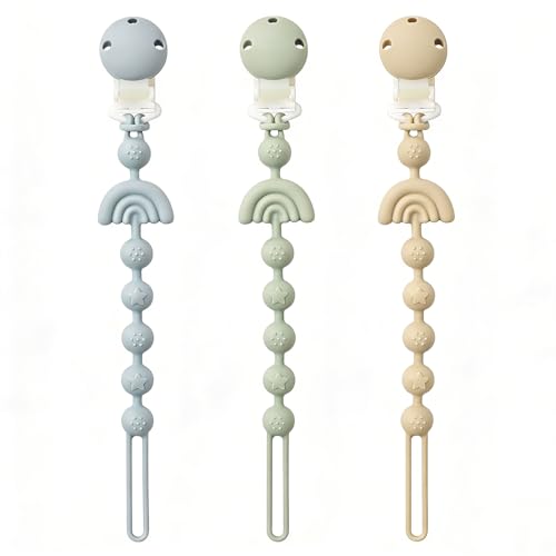 Image of Baby Pacifier Clips One Piece Binky Clip Holder Silicone Teether Clip Pacifier Straps with Clip Baby Teether Toys for Boys and Girls Set of 3 Andy Bear-Ivory+Sage+Baby Blue